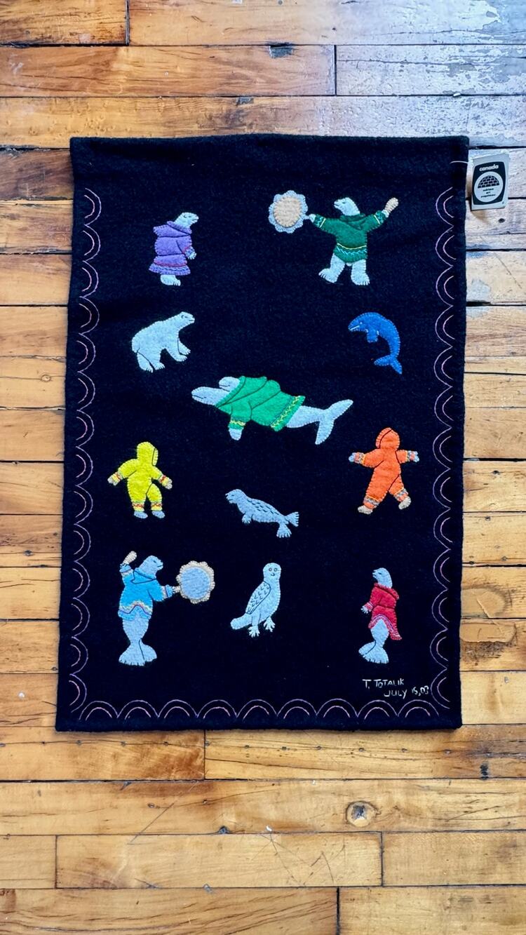Vintage Inuit Felted Wool Embroidered Animals & Figures Wall Hanging - T. Tokile